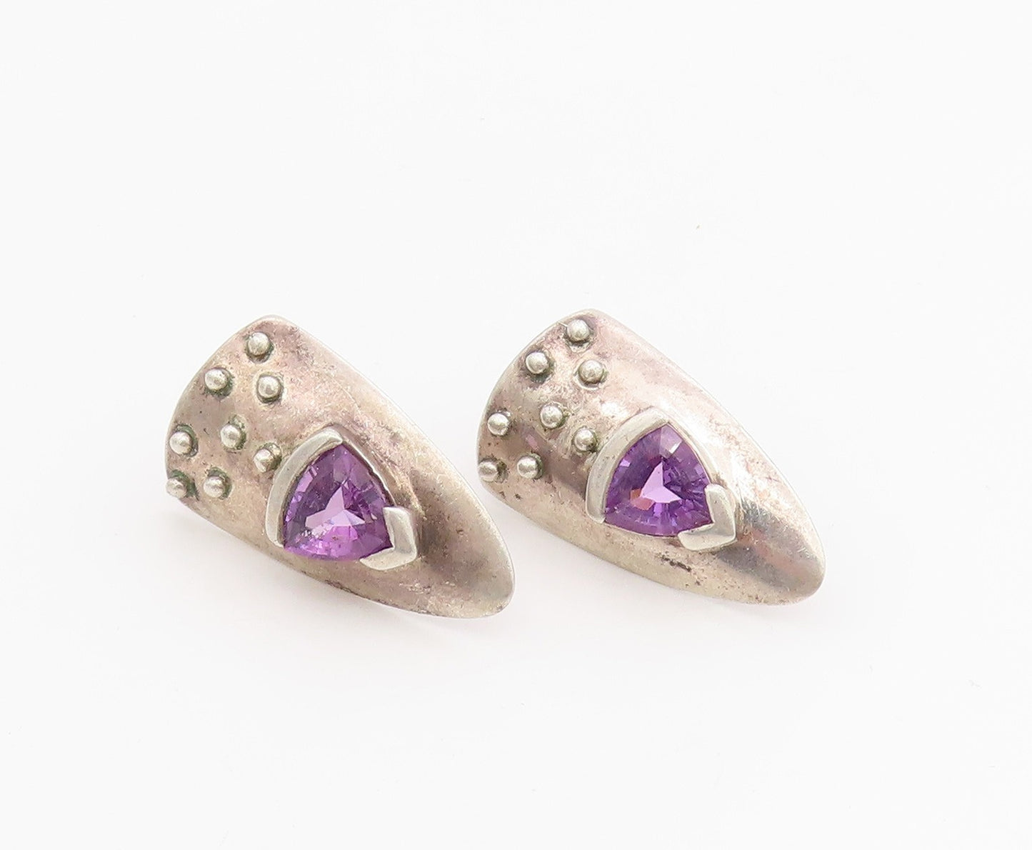 925 Sterling Silver Vintage Earrings Modernist Amethyst Shield Studs  EG13914