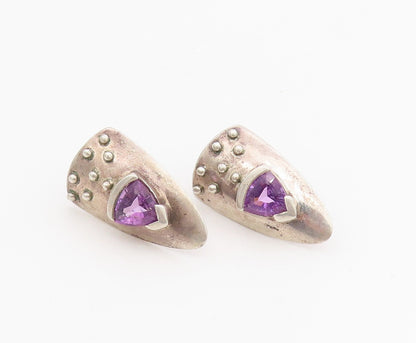 925 Sterling Silver Vintage Earrings Modernist Amethyst Shield Studs  EG13914