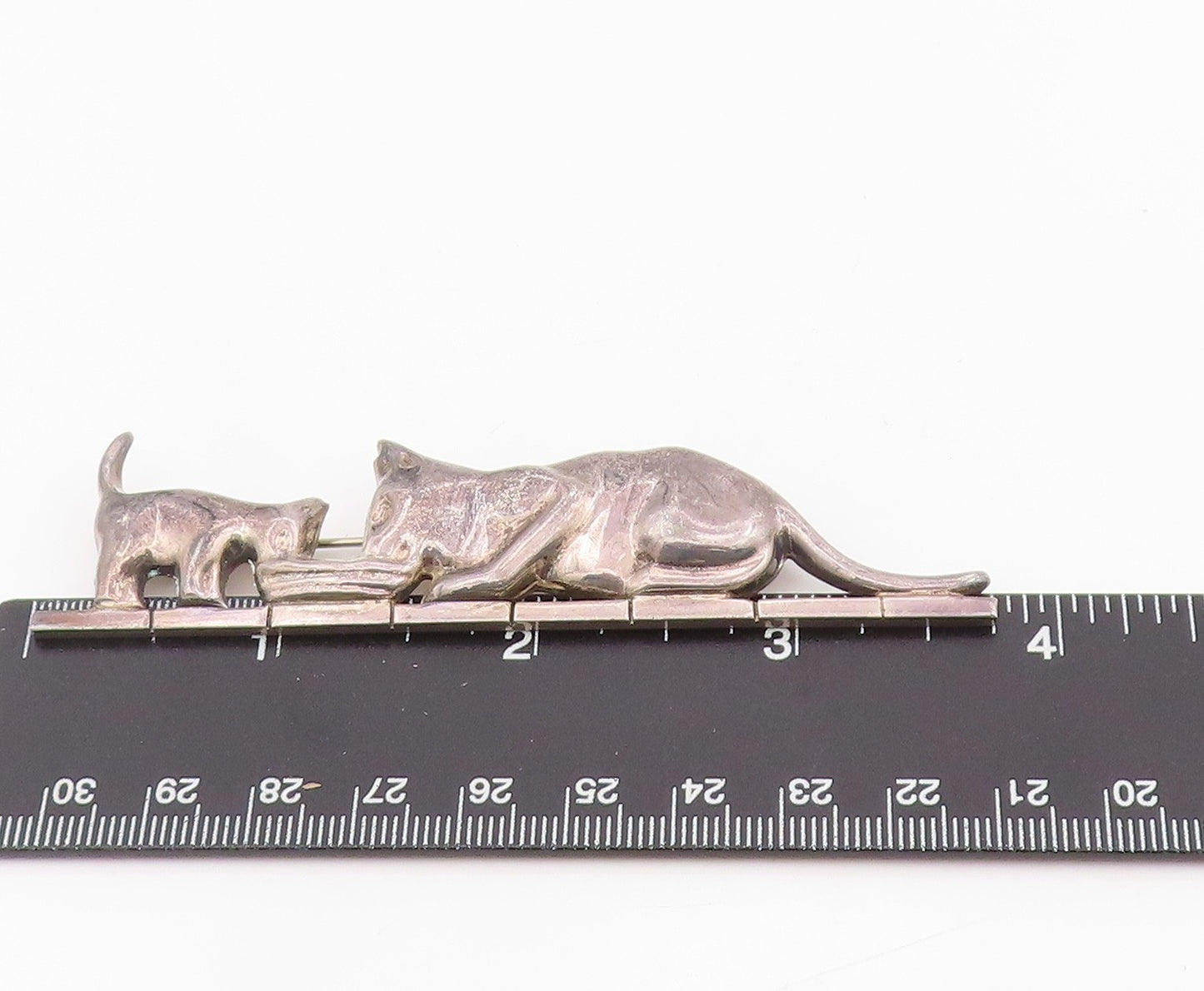925 Sterling Silver Vintage Brooch MEXICO Cat & Kitten Sharing Meal Pin  BP12084