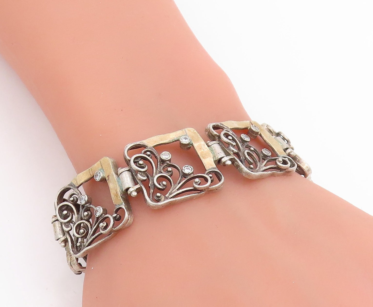 14k Gold & 925 Sterling Silver Vintage Bracelet CZ Floral Panel Link  BT11846