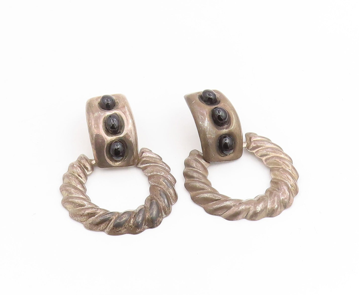 925 Sterling Silver Vintage Earrings MEXICO Cabochon Onyx Twisted Rope  EG14115
