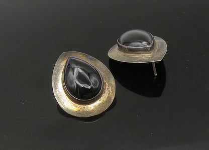 925 Sterling Silver  Vintage Cabochon Cut Black Onyx Drop Earrings  EG10999