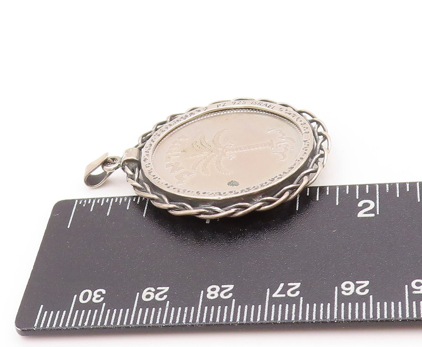 925 Sterling Silver Vintage Pendant Antique Carved Old Israel Coin  PT24228