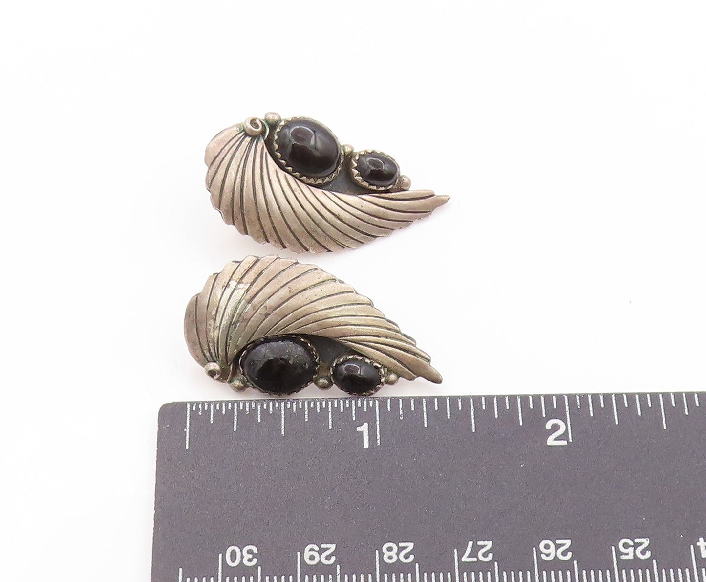925 Sterling Silver Vintage Earrings NAVAJO Onyx Etched Devil Wings  EG13572