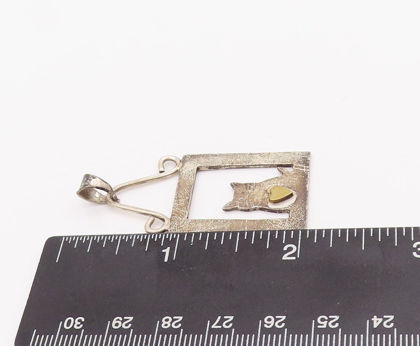 925 Sterling Silver Vintage Pendant MEXICO Framed Cat With Heart  PT23356