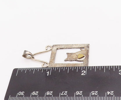 925 Sterling Silver Vintage Pendant MEXICO Framed Cat With Heart  PT23356