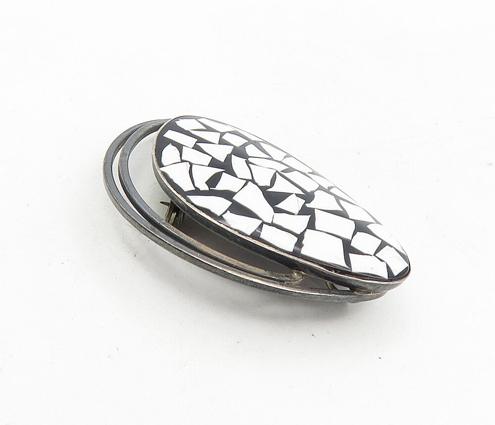 ISRAEL 925 Sterling Silver  Vintage Mosaic White Stone Brooch Pin  BP3266