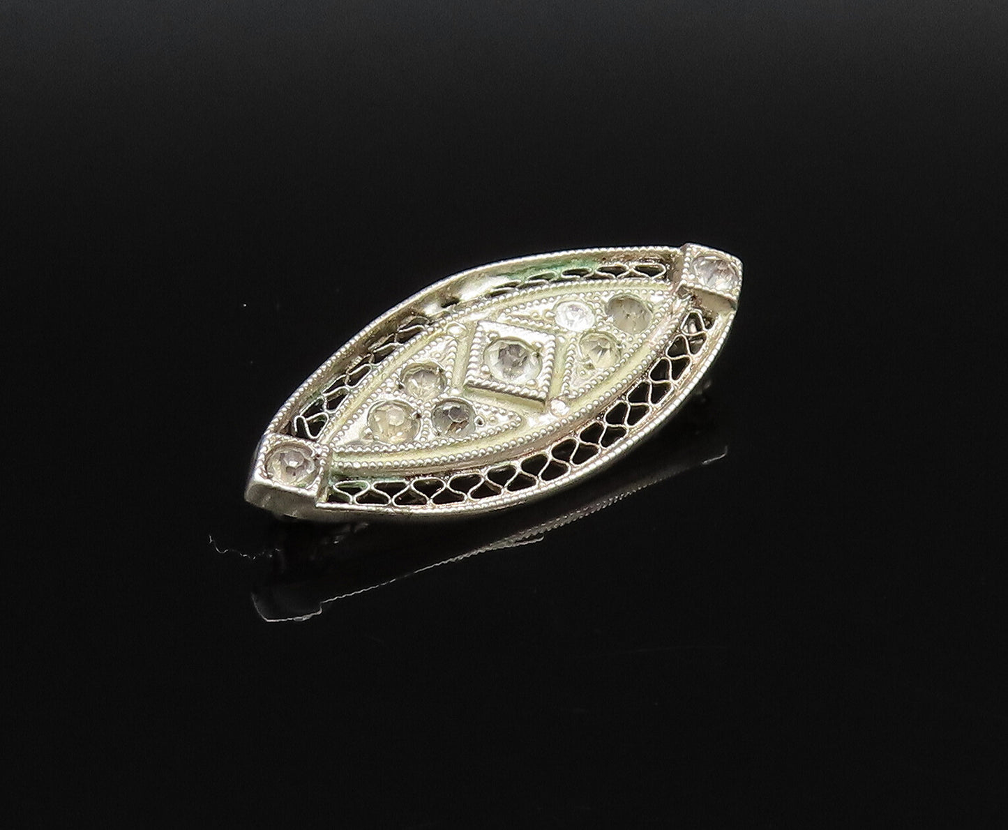 925 Sterling Silver Vintage Openwork Pattern Victorian Topaz Brooch Pin BP9848