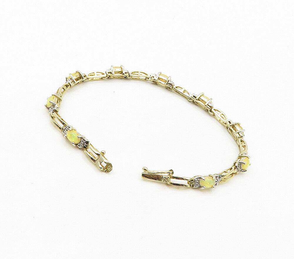 925 Sterling Silver  Genuine Diamonds & Fire Opal Shiny Chain Bracelet  BT6460