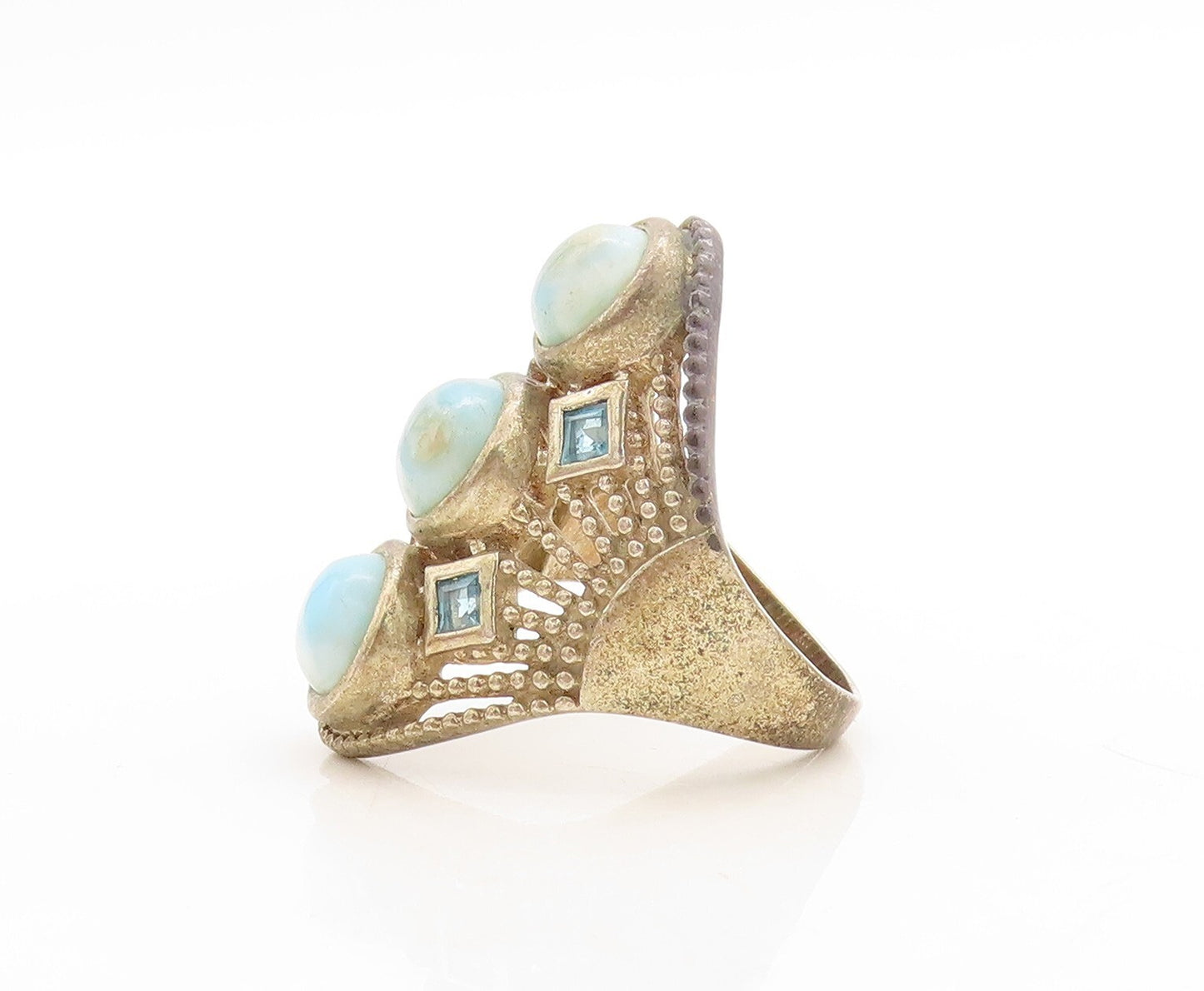 925 Sterling Silver Vintage Ring Bead Cutout Oval Larimar & CZ  Sz 10  RG31223
