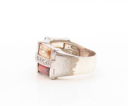 925 Sterling Silver Vintage Ring Rectangle Three Tone Topaz Inlay  Sz 7  RG31416