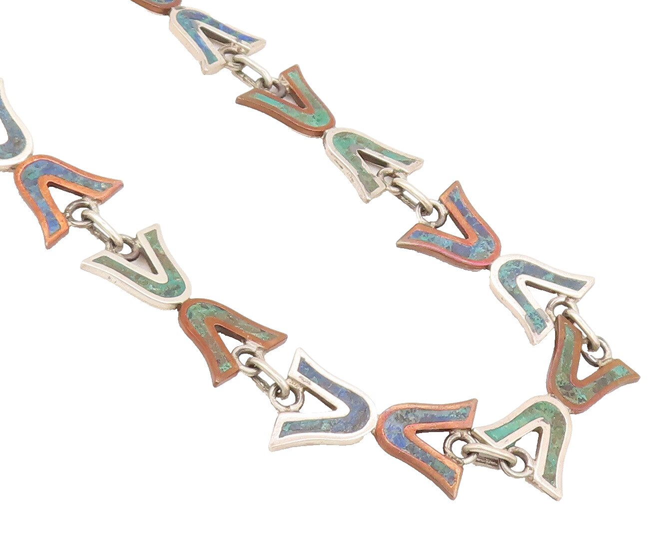 MEXICO 925 Sterling Silver  Vintage Hourglass Inlay Turquoise Necklace  NE4043