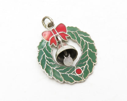 925 Sterling Silver  Vintage Enamel Christmas Wreath & Bell Pendant  PT9939