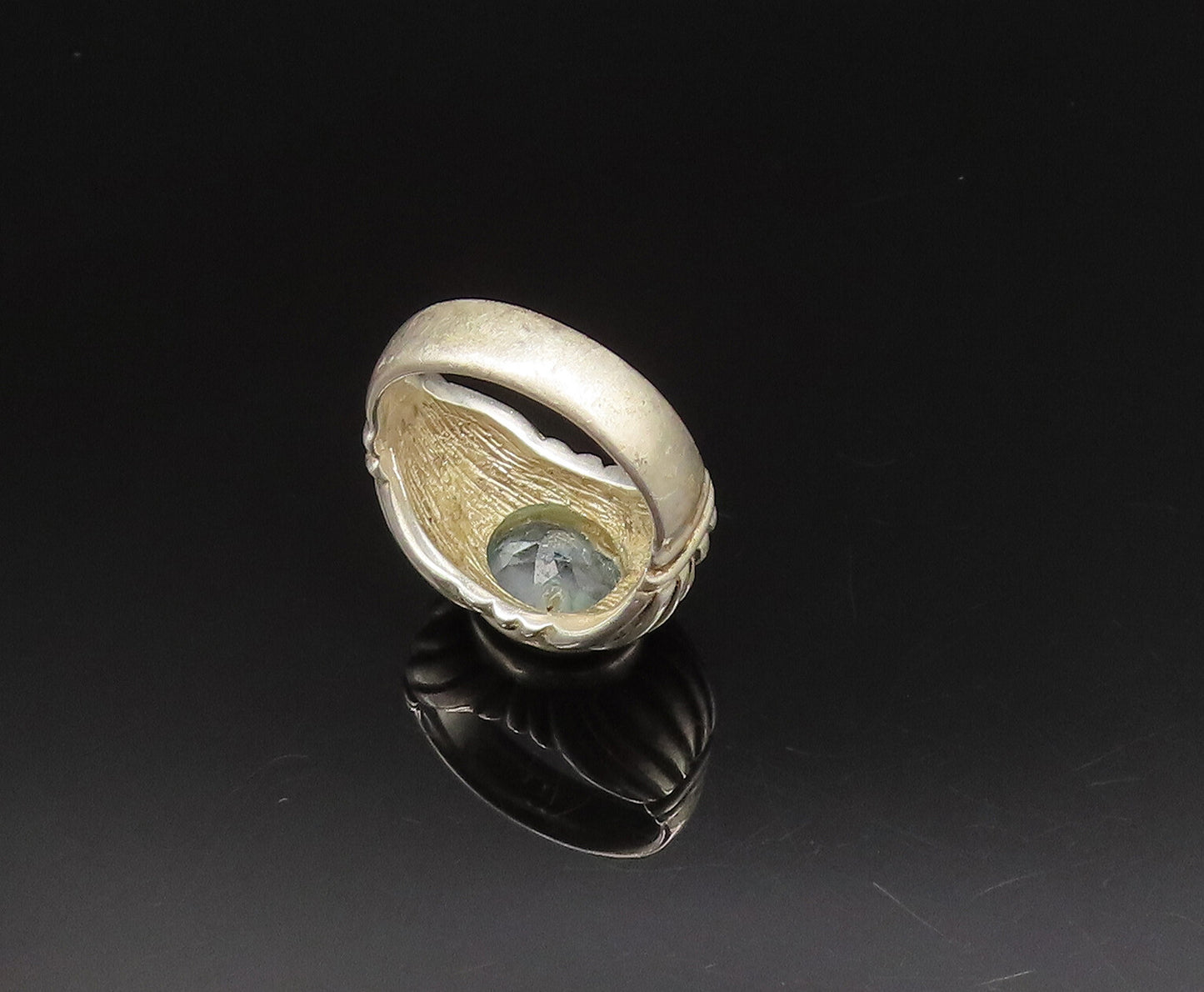 ESPO SIG 925 Silver  Vintage Oval Aquamarine Ribbed Dome Ring Sz 7.5  RG25671