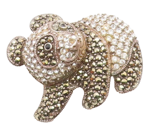 925 Silver  Vintage Cubic Zirconia & Marcasite Panda Bear Brooch Pin  BP8188