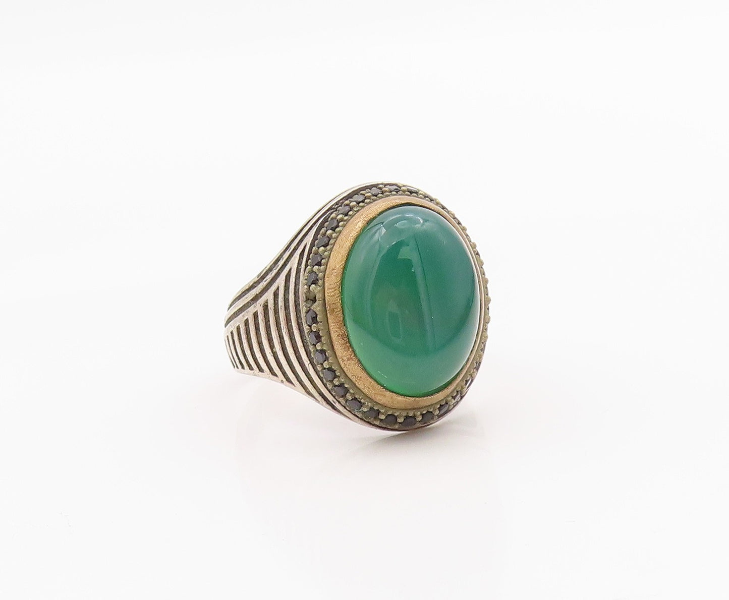 925 Sterling Silver Vintage Ring Cabochon Green Onyx & Spinel  Sz 12  RG36290