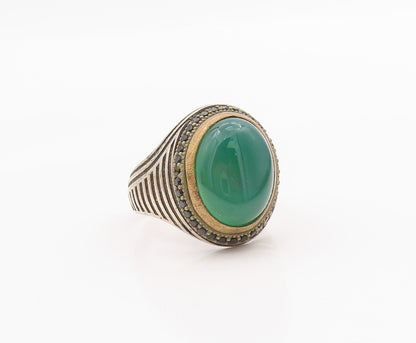 925 Sterling Silver Vintage Ring Cabochon Green Onyx & Spinel  Sz 12  RG36290