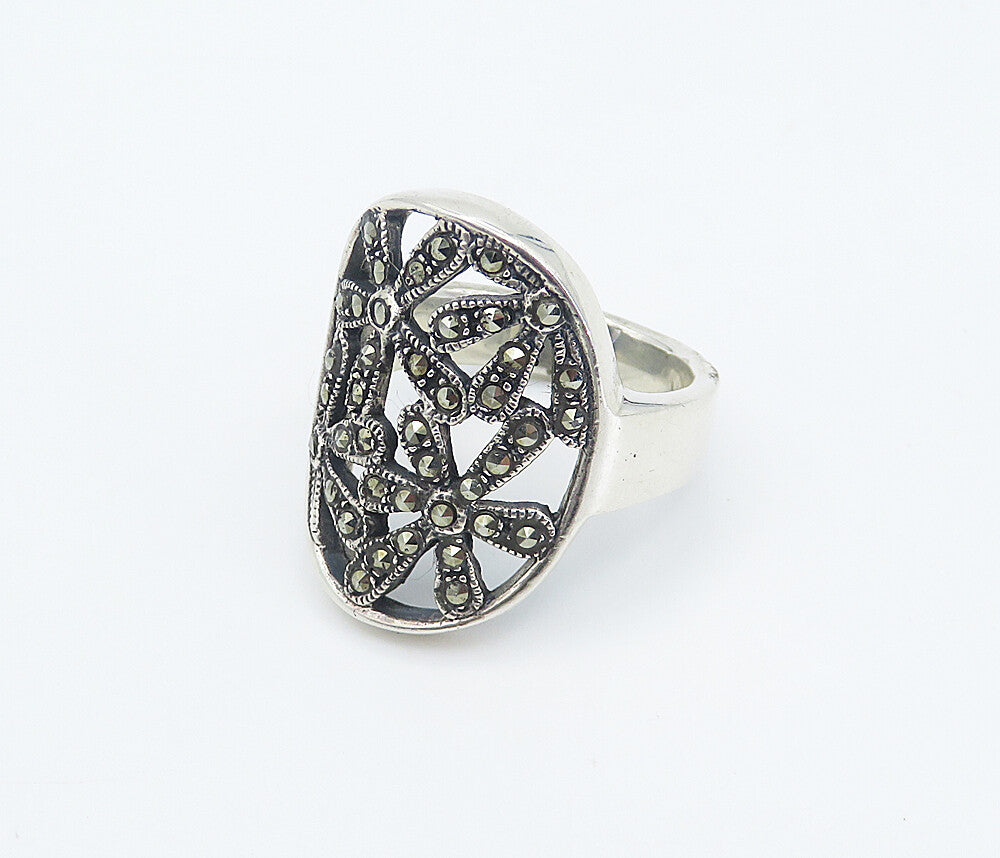925 Sterling Silver  Marcasite Open Retro Flowers Cocktail Ring Sz 7.5  RG8323