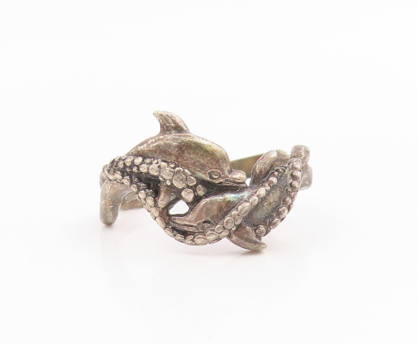 925 Sterling Silver Vintage Ring Intertwined Dolphins Motif  Sz 8.5  RG35896