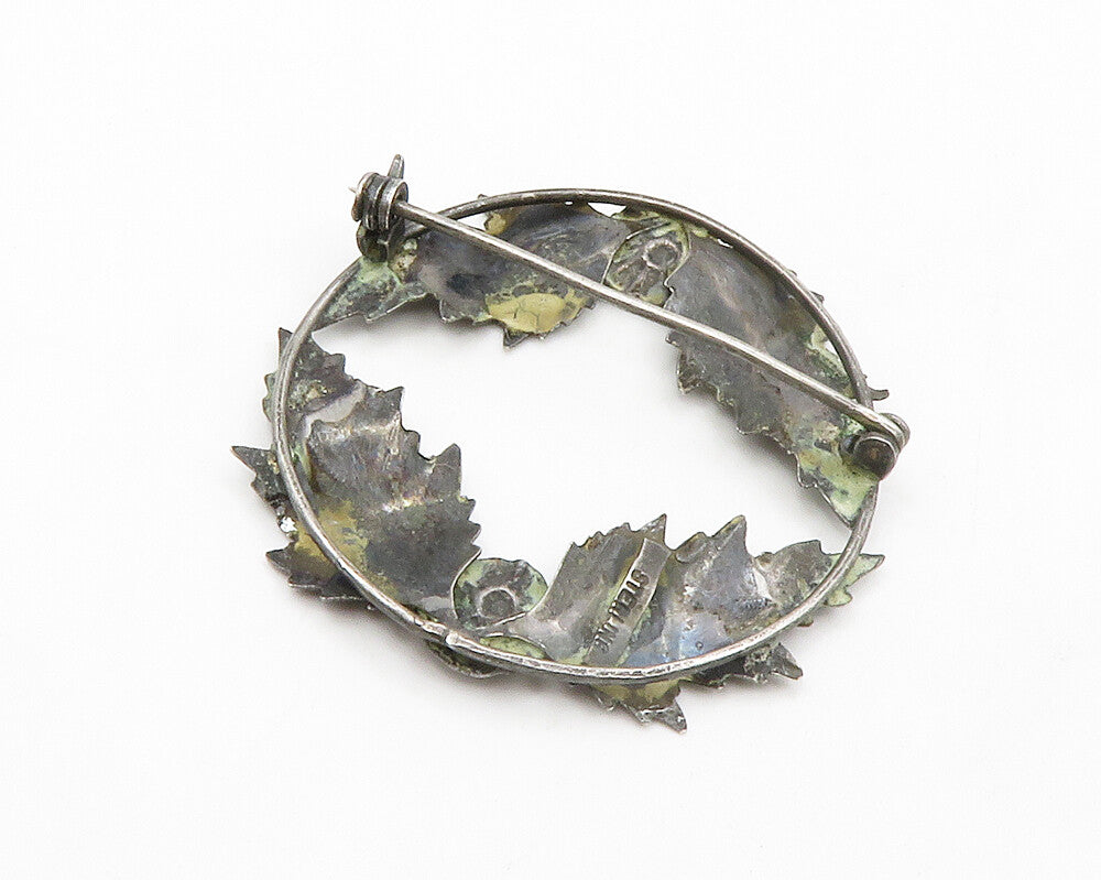 925 Sterling Silver  Vintage Oxidized Floral Wreath Round Brooch Pin  BP5096