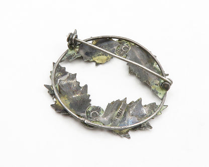 925 Sterling Silver  Vintage Oxidized Floral Wreath Round Brooch Pin  BP5096