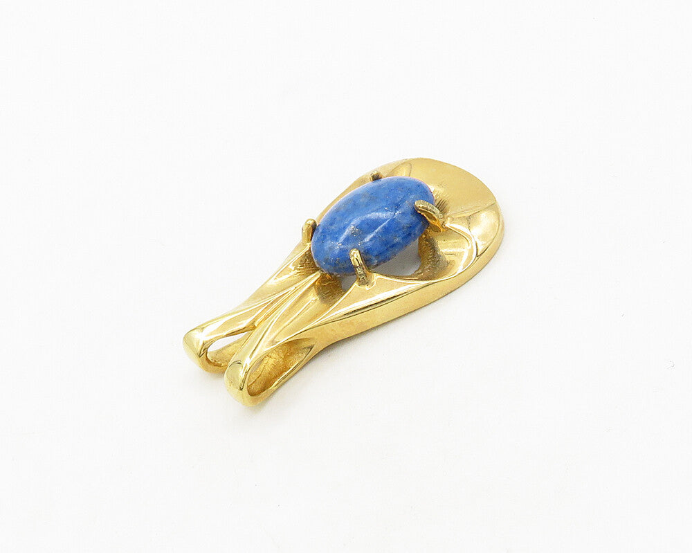 925 Sterling Silver   Vintage Lapis Lazuli Shiny Gold Plated Pendant  PT15569