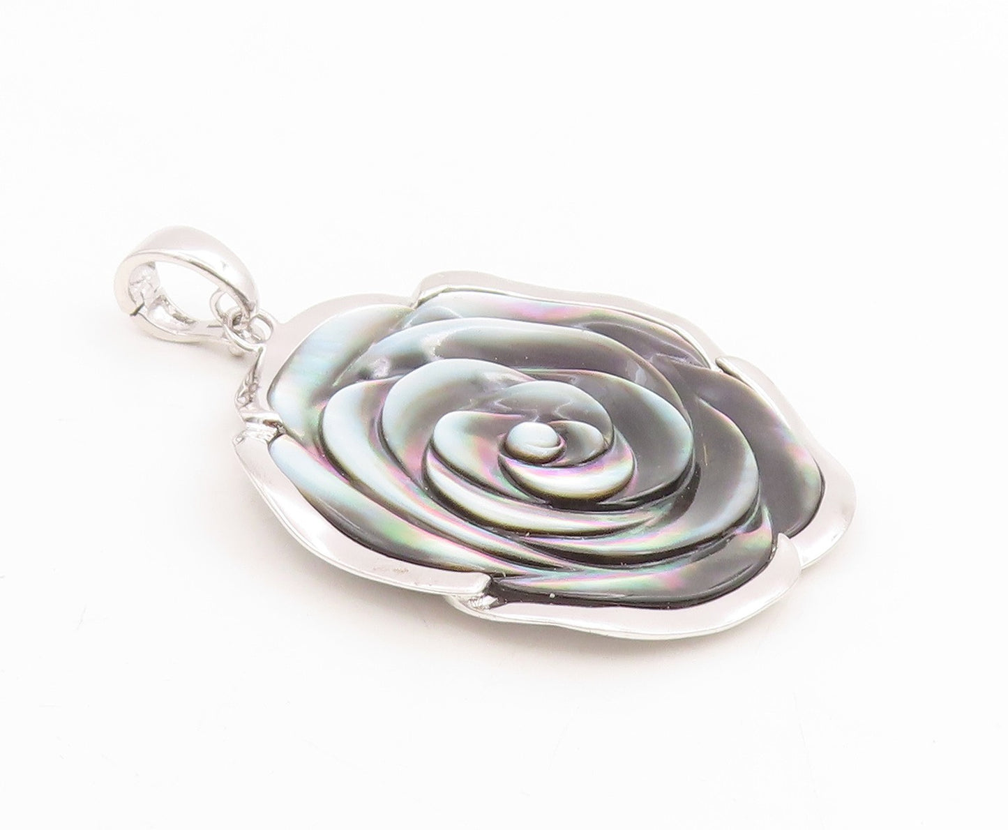925 Sterling Silver Vintage Pendant Abalone Inlay Modernist Rose Flower  PT25797