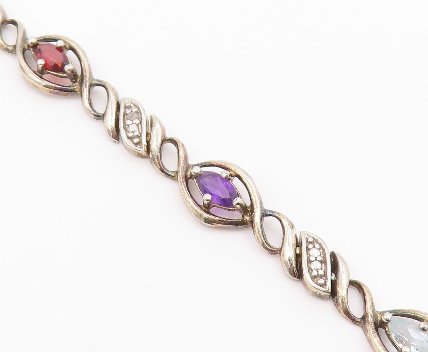 925 Sterling Silver Vintage Genuine Diamond & Multi Stone Chain Bracelet BT8314