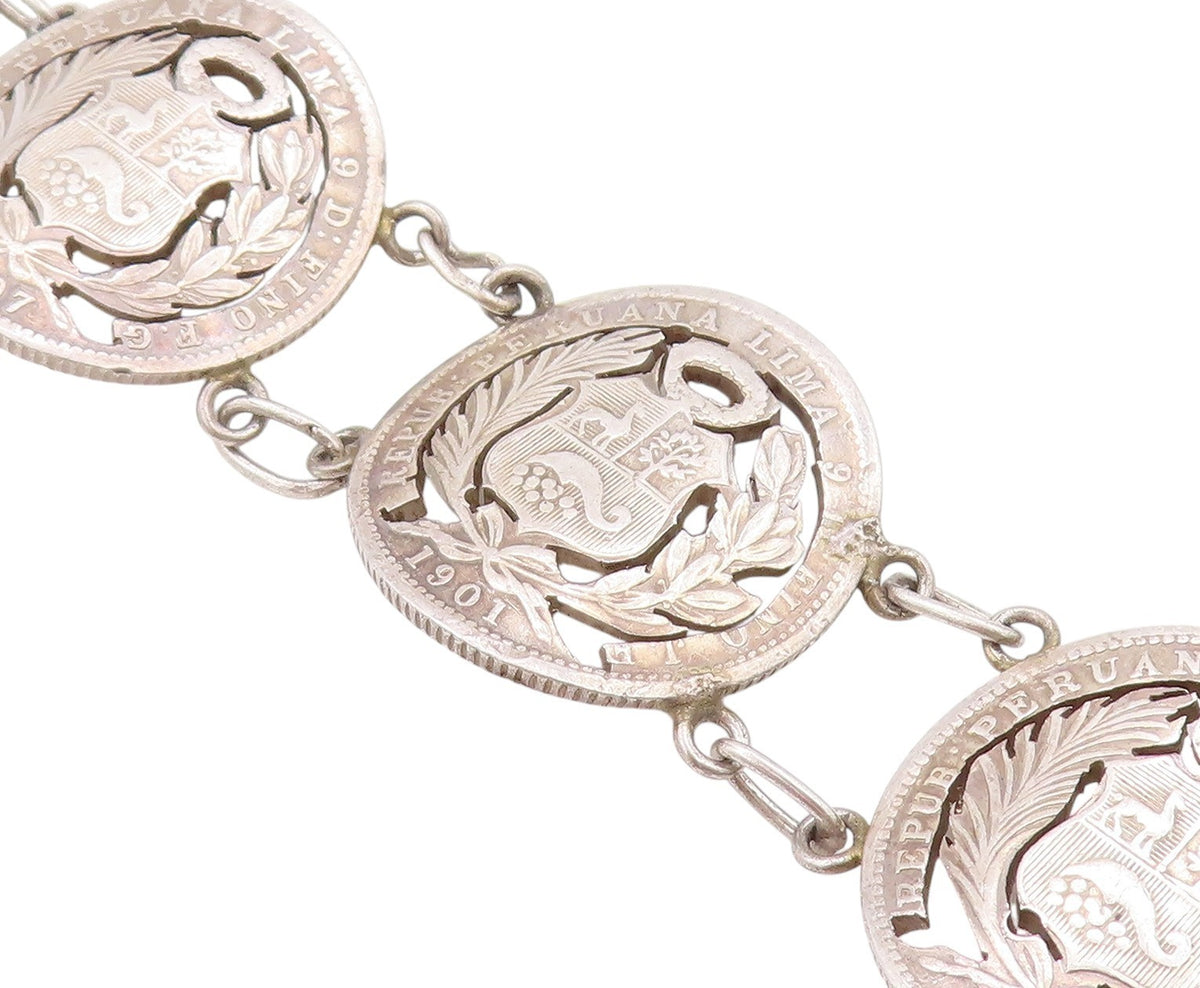 925 Sterling Silver Vintage Bracelet Antique Royal Peruana Coins   BT11264