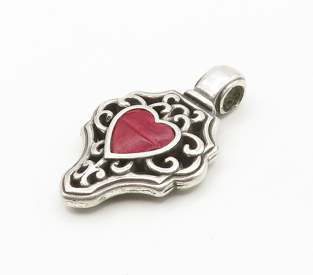 925 Sterling Silver  Vintage Red Love Heart Shiny Swirl Pendant  PT12170