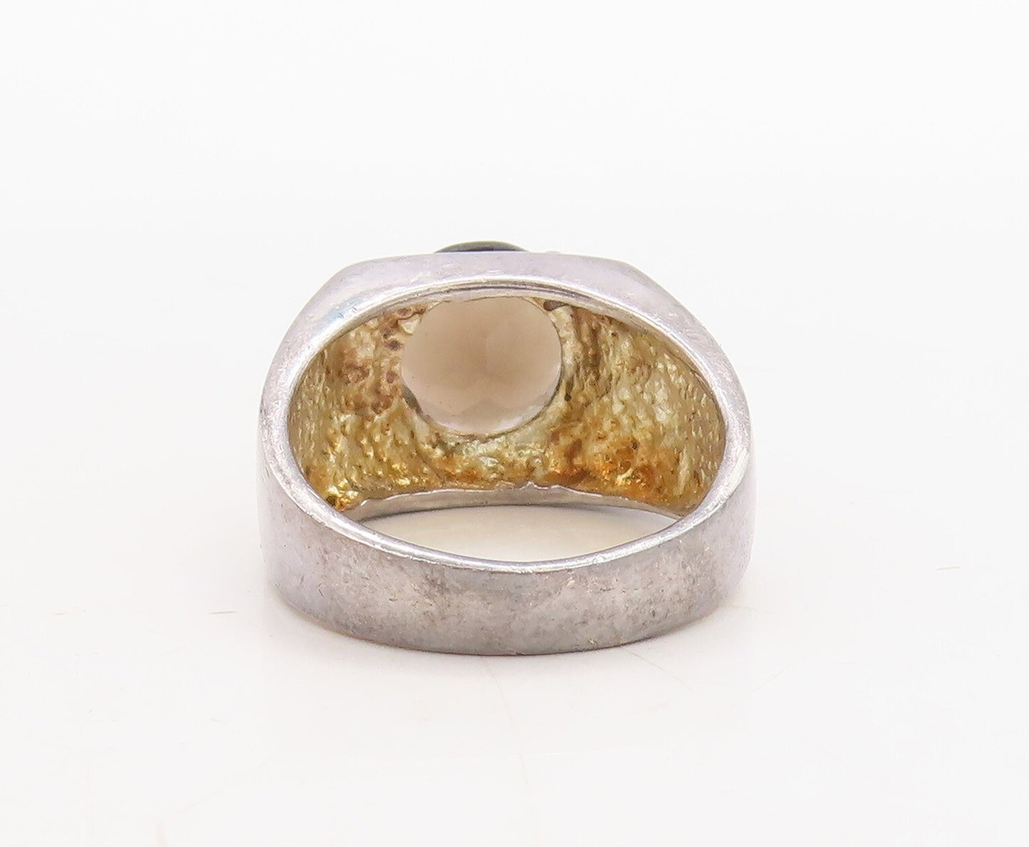 925 Sterling Silver Vintage Ring Grooved Lines Round Smoky Quartz Sz 8.5 RG31673
