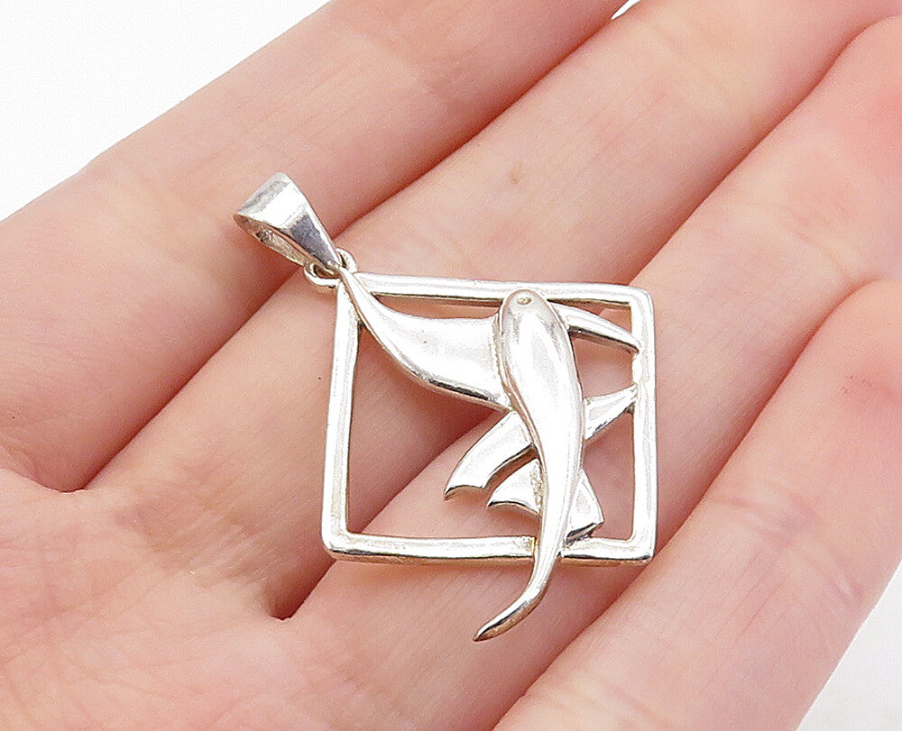 925 Sterling Silver  Vintage Shiny Fish Motif Open Square Drop Pendant  PT4911