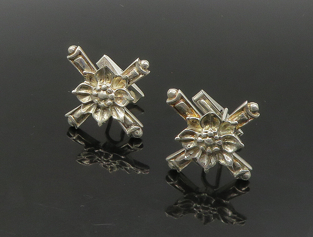 925 Sterling Silver  Vintage Shiny Flower & Cross Solid Cufflinks  TR3264