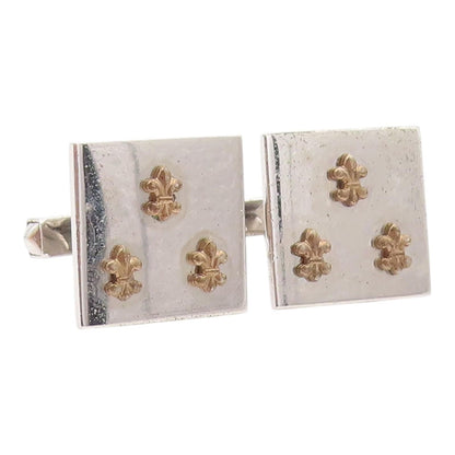 SWANK 925 Silver  Vintage Two Tone Fleur De Lis Shiny Square Cufflinks  TR3357