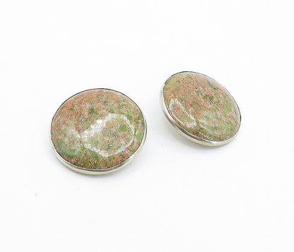 925 Sterling Silver  Vintage Unakite Round Non Pierce Drop Earrings  EG2454