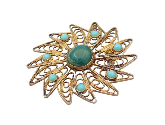 ISRAEL 925 Silver  Vintage Turquoise & Chrysocolla Pinwheel Brooch Pin BP10233