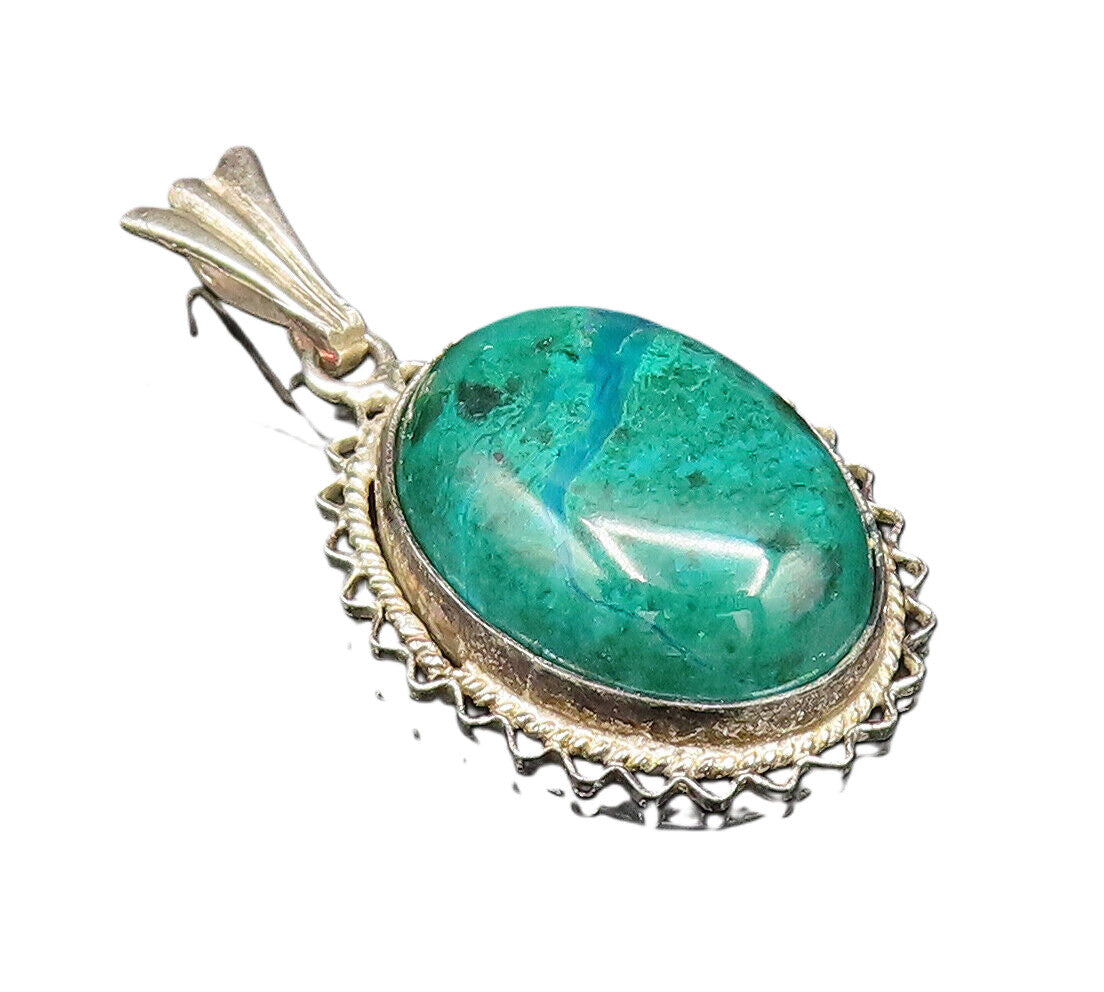 925 Silver  Vintage Wavy & Twisted Rope Edge Chrysocolla Pendant  PT21458