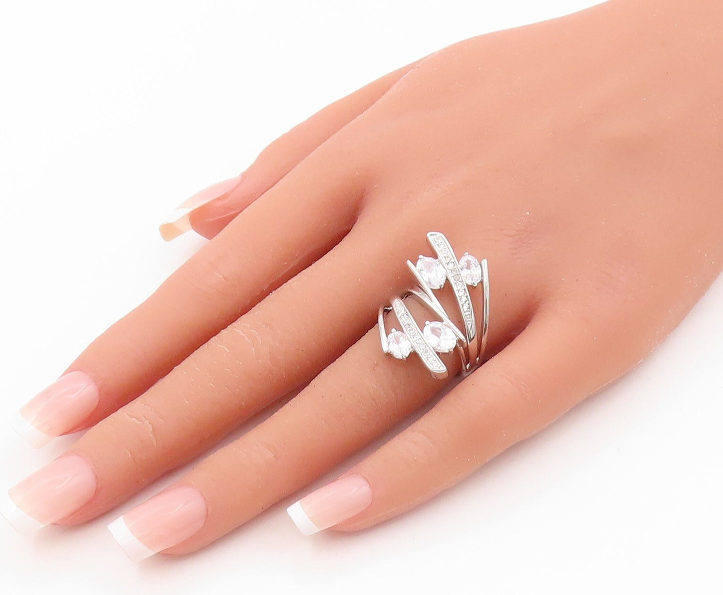 925 Sterling Silver Vintage Ring Designer Bypass Cutout CZ Inlay Sz 7 RG31894