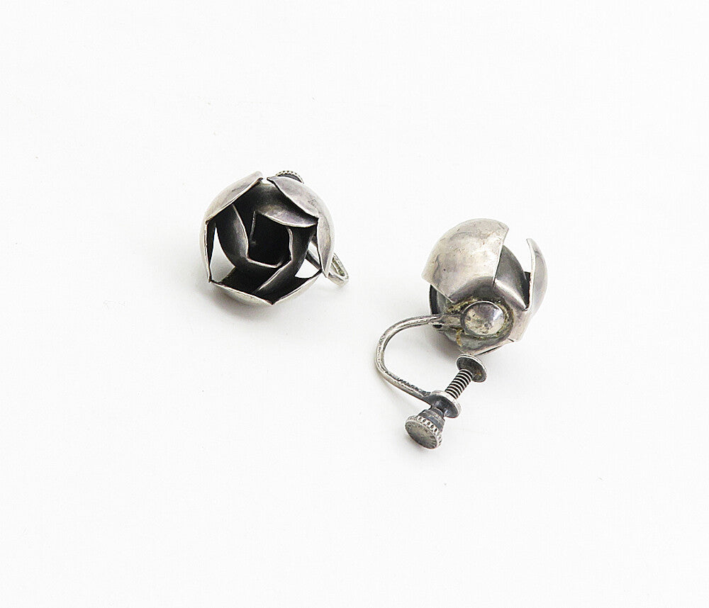 925 Sterling Silver  Vintage Dark Tone Flower Non Pierce Earrings  EG4552
