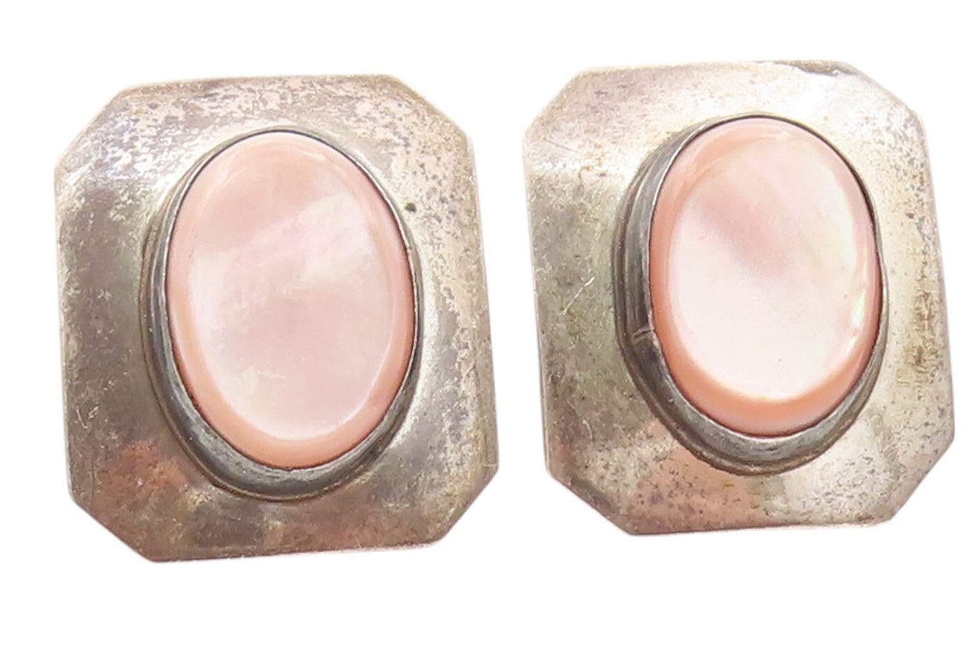 925 Sterling Silver Vintage Earrings Oval Pink Mother Of Pearls Inlay  EG13351
