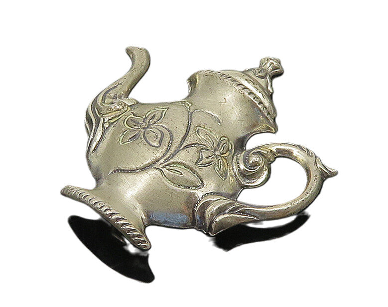 925 Sterling Silver  Vintage Floral Swirl Etched Tea Pot Brooch Pin  BP7089