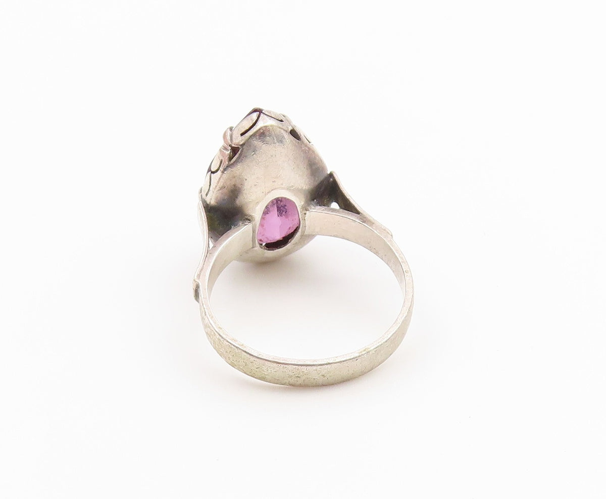 925 Sterling Silver Vintage Ring Pear Cut Amethyst Statement Band  Sz 7  RG36854