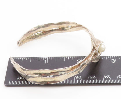 925 Sterling Silver Vintage Bracelet ISRAEL Pearl & Leaf Brutalist Cuff  BT11897