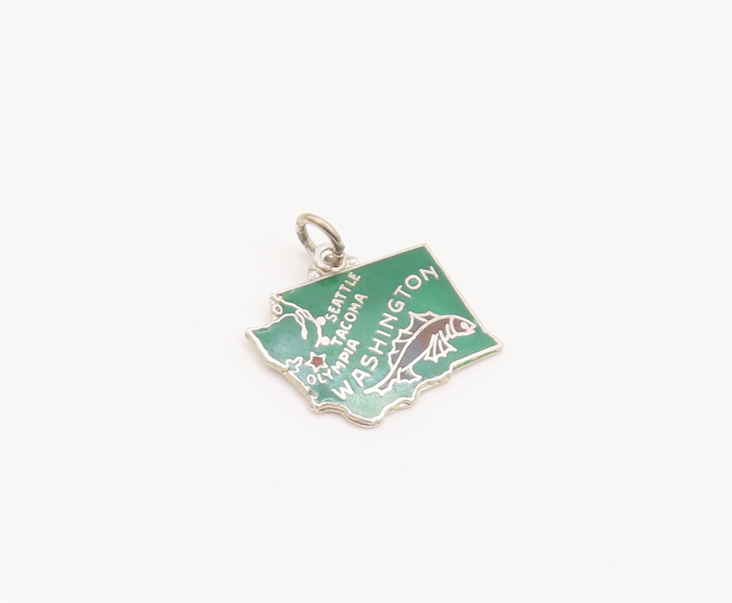 925 Sterling Silver Vintage Pendant Green Enameled Mini Washington Map  PT22689