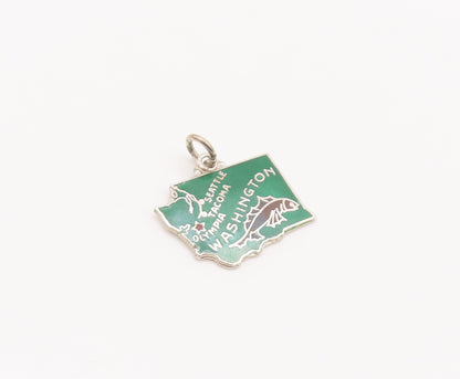 925 Sterling Silver Vintage Pendant Green Enameled Mini Washington Map  PT22689