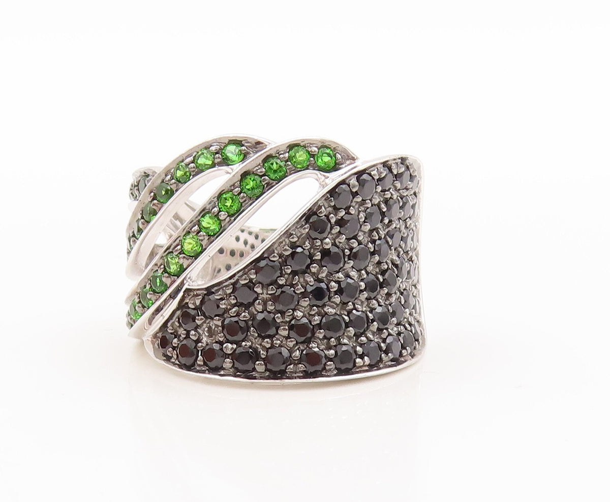 925 Sterling Silver Vintage Ring Designer Green CZ & Spinel Inlay  Sz 6 RG29563