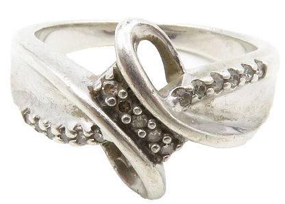 925 Sterling Silver  Vintage Genuine Diamonds Swirl Band Ring Sz 7  RG13368
