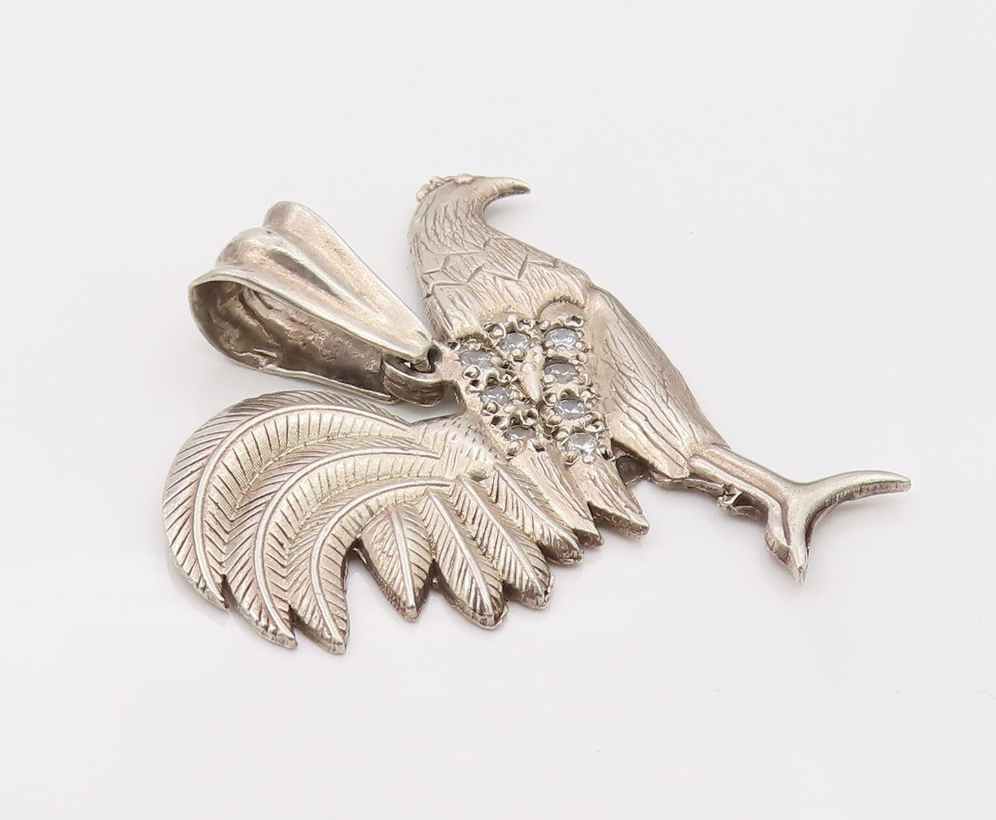 925 Sterling Silver Vintage Cubic Zirconia Carved Hen Big Pendant PT22115