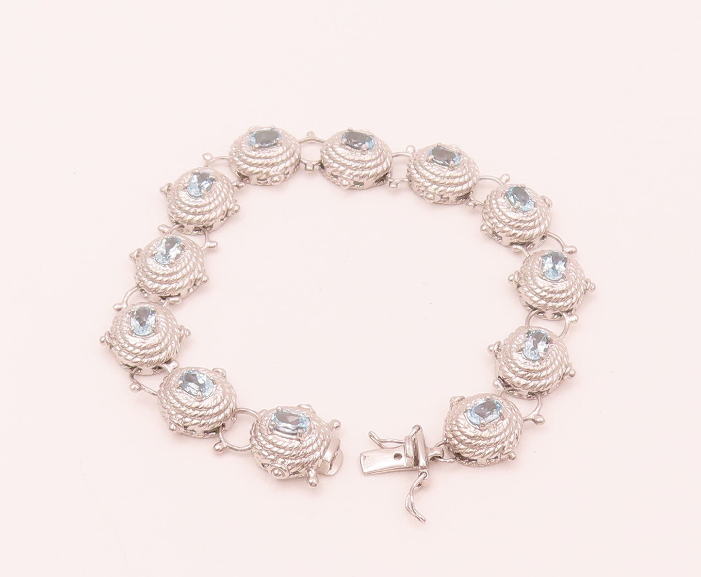925 Silver  Vintage Blue Topaz Halo Twist Rope Dome Tennis Bracelet  BT9941