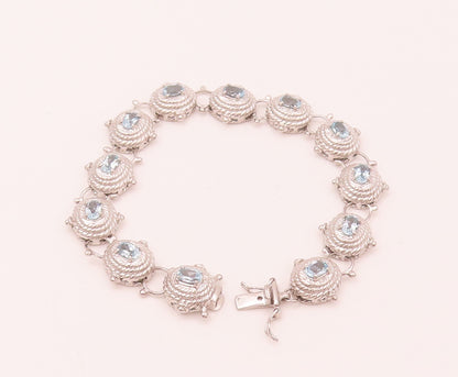 925 Silver  Vintage Blue Topaz Halo Twist Rope Dome Tennis Bracelet  BT9941